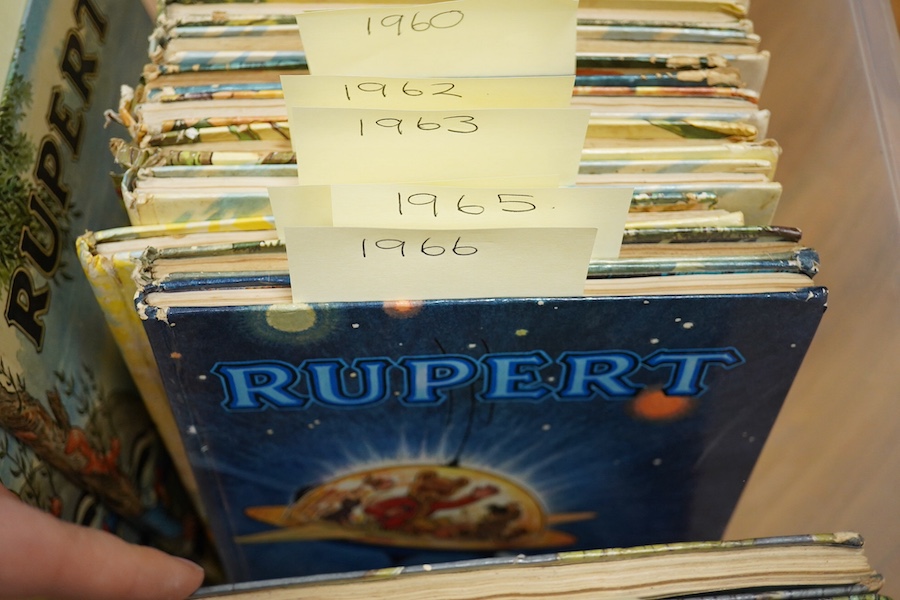 Rupert - Rupert Annuals: 1937, 1940, 1946-1969. mostly coloured pictorial boards, 4to. * 1937 is the 2nd annual published; illustrated by Alfred Bestall. (25) Condition - binding tatty
